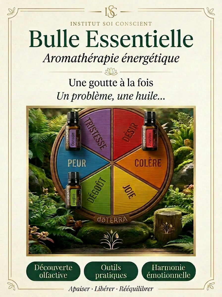 Affiche Bulle d'Essences — flacons d'huiles essentielles & botanique