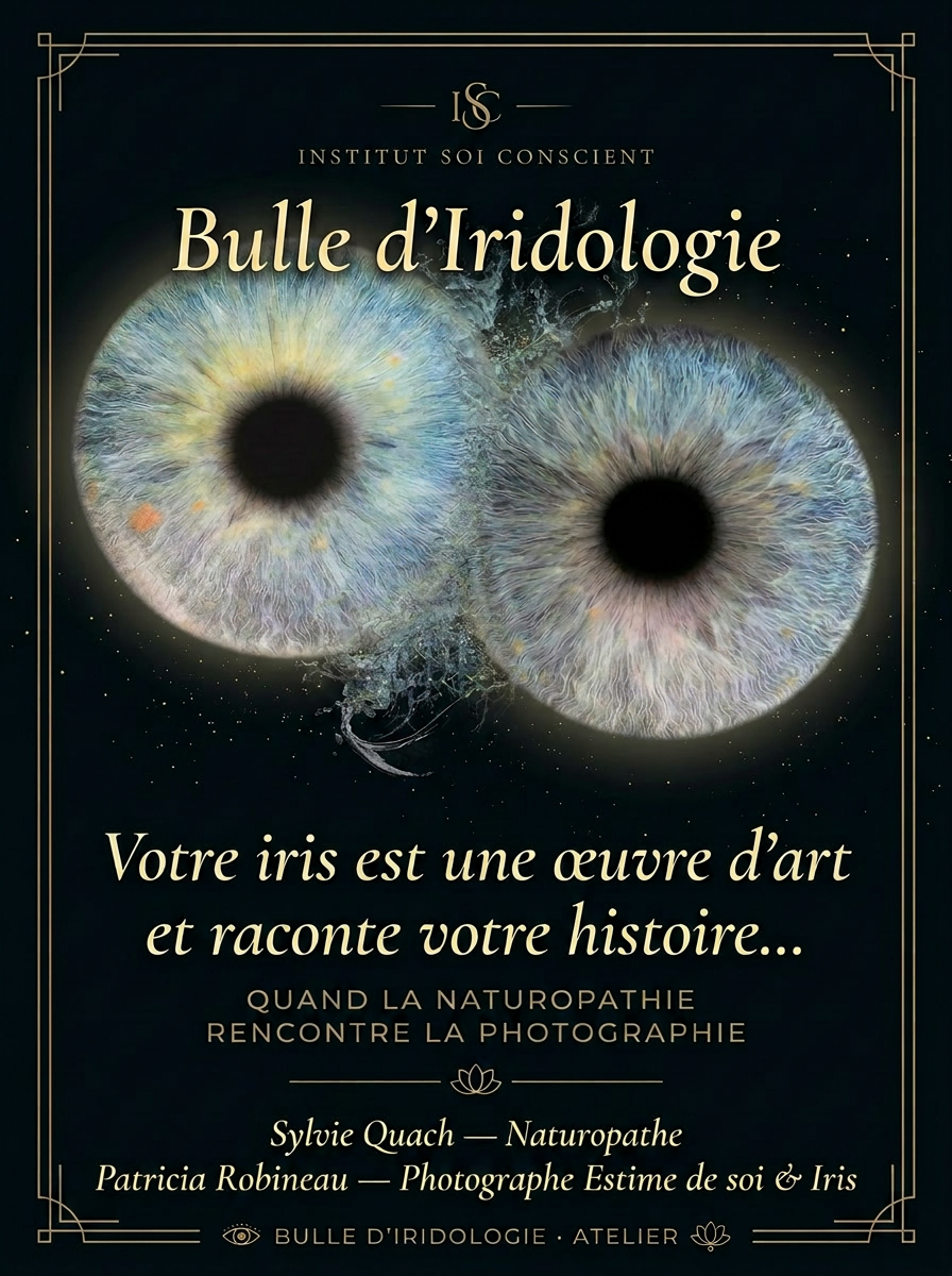 Affiche Bulle d'Iridologie — œil doré et plantes médicinales