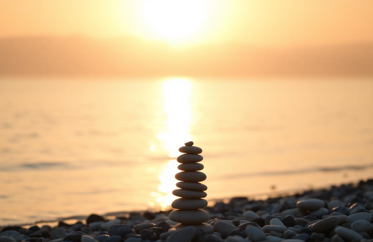 Sérénité, confiance, clarté et équilibre — cairn de galets au lever du soleil sur l'océan